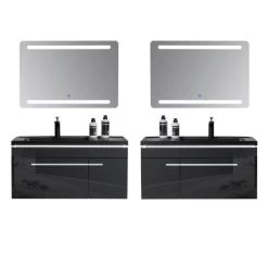 Badmöbel Set 8 Teilig 240cm Hochglanz Schwarz/ Weiß/ Königsblau LED Spiegel