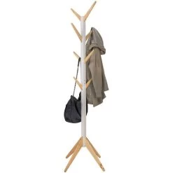 WOLTU Kleiderständer Mit 8 Haken Garderobenständer Hängeregal Wäscheständer Gestell Aufhänger 180cm Höhe Aus Massive Holz, Weiss+natur