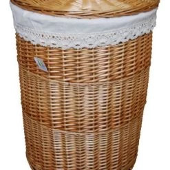 DVier Wäschekorb Wäschetonnen Wäschetruhe Weide Beige Rund Bezug Deckel D.39 H.55