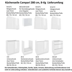 Grifflose Einbauküche Campari 280 Cm, 8-tlg Schwarz, Weiß, Grau - Hochglanz Oder Matt -Möbelhaus 480009726