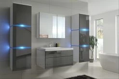 Badmöbel-Set Lux NEW Grau Hochglanz/ Weiß Keramik Waschbecken Badezimmer Led