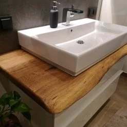 Waschtischplatte Waschtisch Badezimmer Holzplatte Eiche Massiv, Geölt, Baumkante