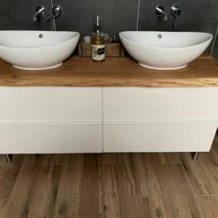 Waschtischplatte Waschtisch Badezimmer Holzplatte Eiche Massiv, Geölt, Baumkante -Möbelhaus 486855904