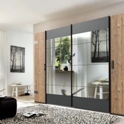 Schrank Kleiderschrank Stockholm Schwebetüren Spiegel Grau Braun Weißtanne