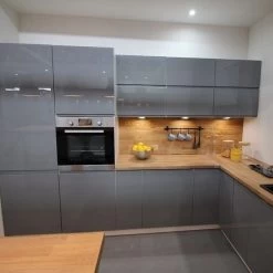 Küche Küchenzeile Eckküche Grifflos Glanz Grau- Soft Close Küchenblock Weiß