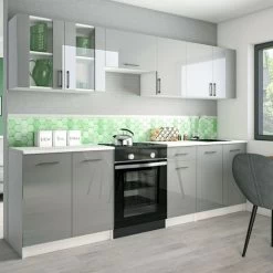 KÜCHE 260cm Küchenzeile Küchenblock MODERN Einbauküche Grau Hochglanz