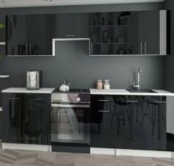 KÜCHE Küchenzeile Küchenblock MODERN 240 CM Einbauküche Schwarz Front 18mm