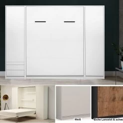 Schrankbett Wandbett Klappbett Vertikal MD 160x200 + 2 Schränke Weiß / Eiche Lancelot