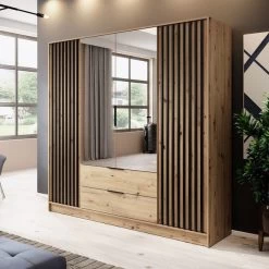 Kleiderschrank Mit Lamellen NOE Mit Garderobenschrank, Schubladen, 2-türig Schrank