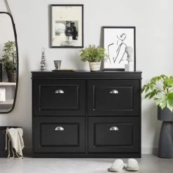 SoBuy FSR79-SCH Schuhschrank Mit 4 Klappen Schuhregal Schuhkipper Mit 8 Ablageflächen Schuhkommode Schuhablage Schwarz BHT Ca.: 105x82x24cm -Möbelhaus 53550884 2