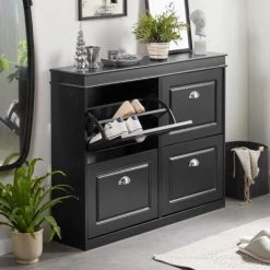 SoBuy FSR79-SCH Schuhschrank Mit 4 Klappen Schuhregal Schuhkipper Mit 8 Ablageflächen Schuhkommode Schuhablage Schwarz BHT Ca.: 105x82x24cm -Möbelhaus 53550884 3