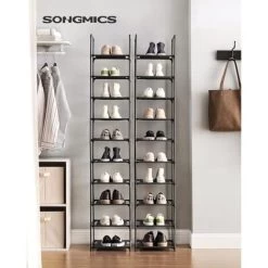Songmics Schuhregal, Schuhablage, 10 Ebenen, Offener Schuhschrank, Schuhaufbewahrung, Schmal, 33 X 33 X 173 Cm, Metallgestell, Ablagen Aus Vliesstoff, Für Flur, Schlafzimmer, Schwarz LSR110B02