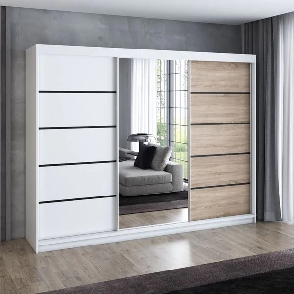 Schwebetürenschrank, 3-türig Schrank 200 Cm Mit 4 Schubladen, Und Spiegel- VILANO 2 5 Schwebetürenschrank, 3-türig Schrank 200 Cm Mit 4 Schubladen, Und Spiegel- VILANO 2 – Bild 3