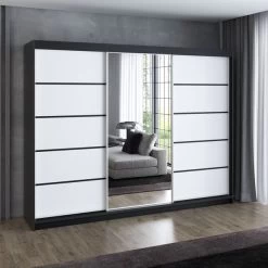 Schwebetürenschrank, 3-türig Schrank 200 Cm Mit 4 Schubladen, Und Spiegel- VILANO 2 33 Schwebetürenschrank, 3-türig Schrank 200 Cm Mit 4 Schubladen, Und Spiegel- VILANO 2 -Möbelhaus 567845707