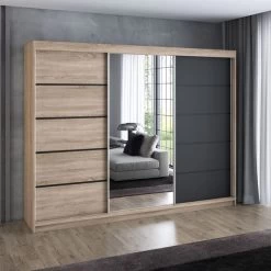 Schwebetürenschrank, 3-türig Schrank 200 Cm Mit 4 Schubladen, Und Spiegel- VILANO 2 39 Schwebetürenschrank, 3-türig Schrank 200 Cm Mit 4 Schubladen, Und Spiegel- VILANO 2 -Möbelhaus 567845821
