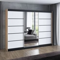 Schwebetürenschrank, 3-türig Schrank 200 Cm Mit 4 Schubladen, Und Spiegel- VILANO 4 -Möbelhaus 567846964