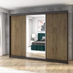 Schwebetürenschrank, 3-türig Schrank 200 Cm Mit 4 Schubladen, Und 3D-Lamellen- FARA