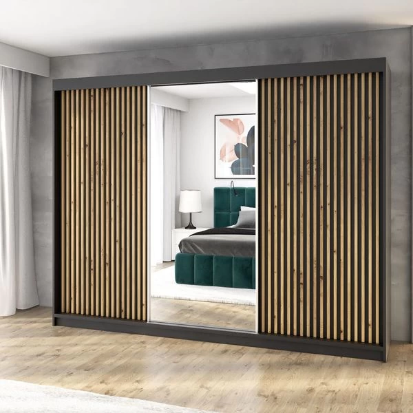 Schwebetürenschrank, 3-türig Schrank 200 Cm Mit 4 Schubladen, Und 3D-Lamellen- FARA 3 Schwebetürenschrank, 3-türig Schrank 200 Cm Mit 4 Schubladen, Und 3D-Lamellen- FARA