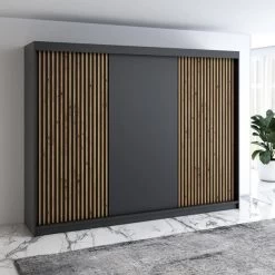 Schwebetürenschrank, 3-türig Schrank 200 Cm Mit 4 Schubladen, Und 3D-Lamellen- IOSA