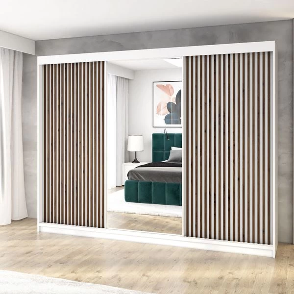 Schwebetürenschrank, 3-türig Schrank 200 Cm Mit 4 Schubladen, Und 3D-Lamellen- FARA 6 Schwebetürenschrank, 3-türig Schrank 200 Cm Mit 4 Schubladen, Und 3D-Lamellen- FARA – Bild 4