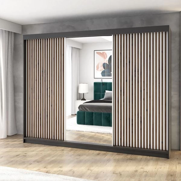 Schwebetürenschrank, 3-türig Schrank 200 Cm Mit 4 Schubladen, Und 3D-Lamellen- FARA 7 Schwebetürenschrank, 3-türig Schrank 200 Cm Mit 4 Schubladen, Und 3D-Lamellen- FARA – Bild 5