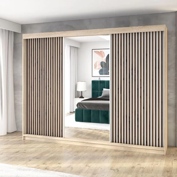 Schwebetürenschrank, 3-türig Schrank 200 Cm Mit 4 Schubladen, Und 3D-Lamellen- FARA 8 Schwebetürenschrank, 3-türig Schrank 200 Cm Mit 4 Schubladen, Und 3D-Lamellen- FARA – Bild 6