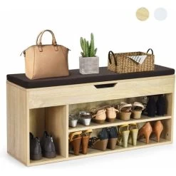 GIANTEX Schuhbank Mit Sitzkissen, Schuhtruhe Sitzbank Mit Stauraum, 3 Faecher, 2 Stufen, Schuhschrank Aufklappbar Mit Klappdeckel Für Flur Wohnzimmer Schlafzimmer 104x30x48 Cm (Natur)