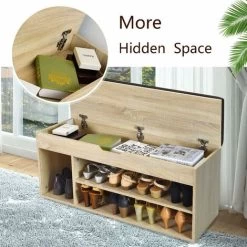 GIANTEX Schuhbank Mit Sitzkissen, Schuhtruhe Sitzbank Mit Stauraum, 3 Faecher, 2 Stufen, Schuhschrank Aufklappbar Mit Klappdeckel Für Flur Wohnzimmer Schlafzimmer 104x30x48 Cm (Natur) -Möbelhaus 63956756 3