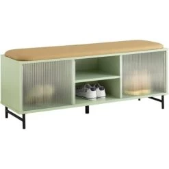 SoBuy FSR115-GR Schuhbank Mit Sitzfläche Und Schiebetüren Aus Glas Garderobenbank Sitzbank Mit Stauraum Dielenbank Schuhtruhe Sitzkommode Schuhregal Mit Sitzbank Schmal Grün BHT Ca.: 110x46x34cm