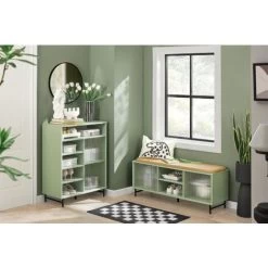 SoBuy FSR115-GR Schuhbank Mit Sitzfläche Und Schiebetüren Aus Glas Garderobenbank Sitzbank Mit Stauraum Dielenbank Schuhtruhe Sitzkommode Schuhregal Mit Sitzbank Schmal Grün BHT Ca.: 110x46x34cm -Möbelhaus 65750311 3