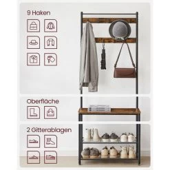 VASAGLE Garderobenständer, Garderobenständer, Flurschuhregal Und Bank Mit Ablagen, Flurbaum Mit Haken, Stahl Matt, Geste