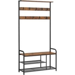 VASAGLE Garderobenständer, Kleiderständer, Garderobe Mit 9 Abnehmbaren Haken, Schuhregal, Für Kleine Wohnungen, Flur, Industrie-Design, Vintagebraun-schwarz, Von SONGMICS HSR409B01