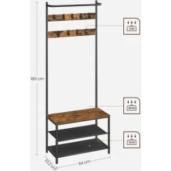 VASAGLE Kleiderständer, Garderobe, Garderobenständer, Kleiderstange Mit 9 Abnehmbaren Haken, Sitzbank, Industrie-Design, Für Flur, Schlafzimmer, Vintagebraun-schwarz Von SONGMICS HSR411B01 -Möbelhaus 73395034 5
