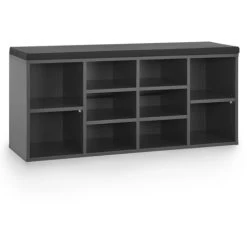 Juskys Schuhregal Holz Mit Polsterung, Stoff & 10 Fächern Höhenverstellbar 104x30x48 Cm - Regal Mit Sitzbank Bis 150 Kg - Dunkelgrau / Schwarz
