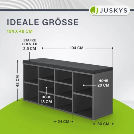 Juskys Schuhregal Holz Mit Polsterung, Stoff & 10 Fächern Höhenverstellbar 104x30x48 Cm - Regal Mit Sitzbank Bis 150 Kg - Dunkelgrau / Schwarz 4 Juskys Schuhregal Holz Mit Polsterung, Stoff & 10 Fächern Höhenverstellbar 104x30x48 Cm - Regal Mit Sitzbank Bis 150 Kg - Dunkelgrau / Schwarz – Bild 2