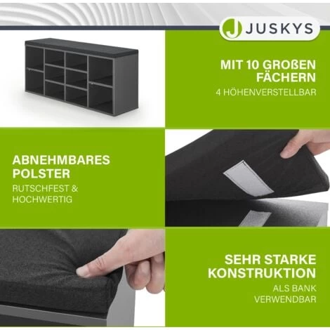 Juskys Schuhregal Holz Mit Polsterung, Stoff & 10 Fächern Höhenverstellbar 104x30x48 Cm - Regal Mit Sitzbank Bis 150 Kg - Dunkelgrau / Schwarz 5 Juskys Schuhregal Holz Mit Polsterung, Stoff & 10 Fächern Höhenverstellbar 104x30x48 Cm - Regal Mit Sitzbank Bis 150 Kg - Dunkelgrau / Schwarz – Bild 3
