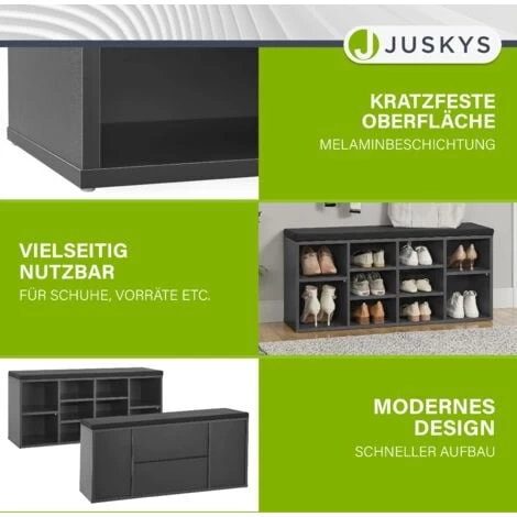 Juskys Schuhregal Holz Mit Polsterung, Stoff & 10 Fächern Höhenverstellbar 104x30x48 Cm - Regal Mit Sitzbank Bis 150 Kg - Dunkelgrau / Schwarz 6 Juskys Schuhregal Holz Mit Polsterung, Stoff & 10 Fächern Höhenverstellbar 104x30x48 Cm - Regal Mit Sitzbank Bis 150 Kg - Dunkelgrau / Schwarz – Bild 4