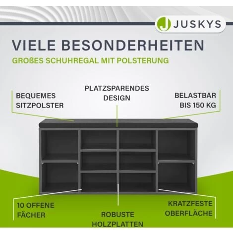 Juskys Schuhregal Holz Mit Polsterung, Stoff & 10 Fächern Höhenverstellbar 104x30x48 Cm - Regal Mit Sitzbank Bis 150 Kg - Dunkelgrau / Schwarz 7 Juskys Schuhregal Holz Mit Polsterung, Stoff & 10 Fächern Höhenverstellbar 104x30x48 Cm - Regal Mit Sitzbank Bis 150 Kg - Dunkelgrau / Schwarz – Bild 5