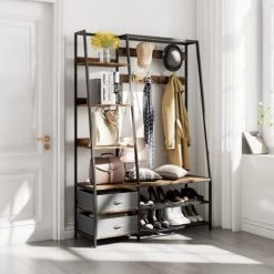 COSTWAY Garderobenständer Mit Sitzbank, Garderobe Mit 6 Ebenen, 9 Doppelhaken, 2 Stoffkommoden Und Schuhregal, Flurgarderobe Für Flur, Schlafzimmer, Industrie-Design, 122 X 40 X 180 Cm