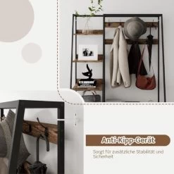 COSTWAY Garderobenständer Mit Sitzbank, Garderobe Mit 6 Ebenen, 9 Doppelhaken, 2 Stoffkommoden Und Schuhregal, Flurgarderobe Für Flur, Schlafzimmer, Industrie-Design, 122 X 40 X 180 Cm -Möbelhaus 76900380 3