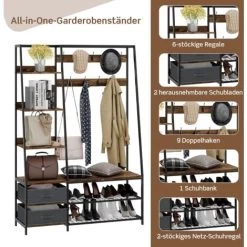 COSTWAY Garderobenständer Mit Sitzbank, Garderobe Mit 6 Ebenen, 9 Doppelhaken, 2 Stoffkommoden Und Schuhregal, Flurgarderobe Für Flur, Schlafzimmer, Industrie-Design, 122 X 40 X 180 Cm -Möbelhaus 76900380 4