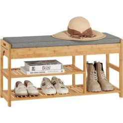 SoBuy FSR47-N Schuhbank Mit Sitzfläche Und Schubladen, Garderobenbank Schuhregal Schuhablage Sitzbank Aus Bambus, BHT Ca: 90x45x30cm