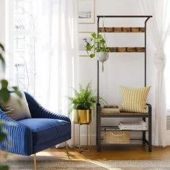 VASAGLE Kleiderständer Garderobenständer Rustikal Mit 9 Abnehmbaren Haken Schuhregal Mit Sitzfläche 3 Ablagen Holz Metall 72 X 183 X 33.7cm Vintage Von SONGMICS HSR40B -Möbelhaus 8647714 3