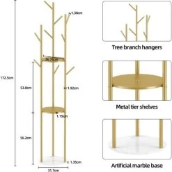 Garderobenständer Kleiderständer Mit 3 Marmor Ablagen Und 9 Kleiderhaken, Standgarderobe Luxus Goldene Metall Garderobe 172cm -Möbelhaus 86865753 3