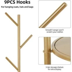 Garderobenständer Kleiderständer Mit 3 Marmor Ablagen Und 9 Kleiderhaken, Standgarderobe Luxus Goldene Metall Garderobe 172cm -Möbelhaus 86865753 5