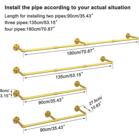 Schwerlast Garderobenstange Kleiderstangen Industrie Garderobenständer Wandmontage 90/135/180cm Verstellbar Mit 3 Haken, Gold 6 Schwerlast Garderobenstange Kleiderstangen Industrie Garderobenständer Wandmontage 90/135/180cm Verstellbar Mit 3 Haken, Gold – Bild 4