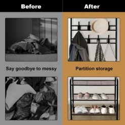 BIGZZIA Garderobenständer, 3 In 1 Garderobenständer Stabil Kleiderstange Mit 3 Schichten Schuhregal Und Abnehmbaren Haken Kleiderständer Freistehender Für Schlafzimmer Schwarz -Möbelhaus 89050115 3