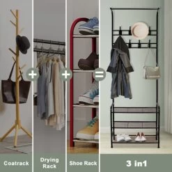 BIGZZIA Garderobenständer, 3 In 1 Garderobenständer Stabil Kleiderstange Mit 3 Schichten Schuhregal Und Abnehmbaren Haken Kleiderständer Freistehender Für Schlafzimmer Schwarz -Möbelhaus 89050115 4