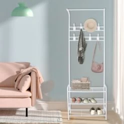 BIGZZIA Garderobenständer, 3 In 1 Garderobenständer Stabil Kleiderstange Mit 3 Schichten Schuhregal Und Abnehmbaren Haken Kleiderständer Freistehender Für Schlafzimmer Weiß