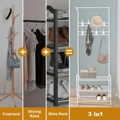 BIGZZIA Garderobenständer, 3 In 1 Garderobenständer Stabil Kleiderstange Mit 3 Schichten Schuhregal Und Abnehmbaren Haken Kleiderständer Freistehender Für Schlafzimmer Weiß -Möbelhaus 89050116 3